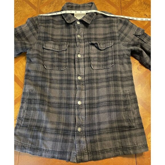𝅺Fossil Flannel Shirt Utility Jacket Plaid Gray Shacket Size M Medium Pockets - Picture 6 of 9